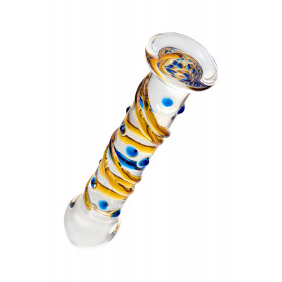 Стеклянный фаллос на подставке с цветными спиралями - 17,5 см. Стеклянный фаллос на подставке с цветными спиралями - 17,5 см.