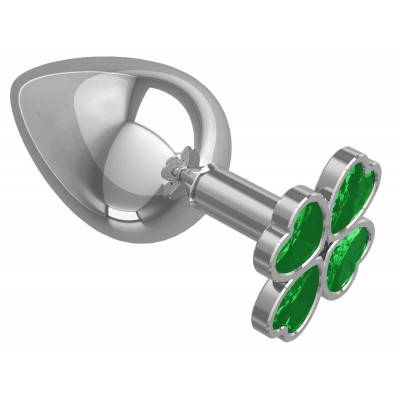 Серебристая анальная пробка-клевер с зеленым кристаллом - 9,5 см. Серебристая анальная пробка-клевер с зеленым кристаллом - 9,5 см.