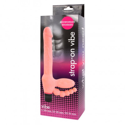 Телесный безремневой страпон с анальным отростком Телесный безремневой страпон с анальным отростком