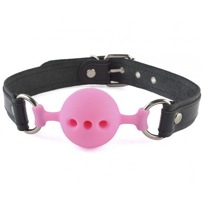 Розовый кляп-шар на черных кожаных ремешках Розовый кляп-шар на черных кожаных ремешках