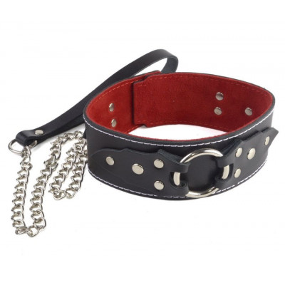 Чёрный кожаный ошейник с красной изнанкой и поводком Чёрный кожаный ошейник с красной изнанкой и поводком