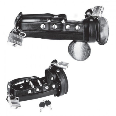 Плотная черная сбруя целомудрия для пениса на замочке Плотная черная сбруя целомудрия для пениса на замочке