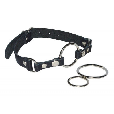 Черный кожаный кляп с 3 сменными кольцами Черный кожаный кляп с 3 сменными кольцами