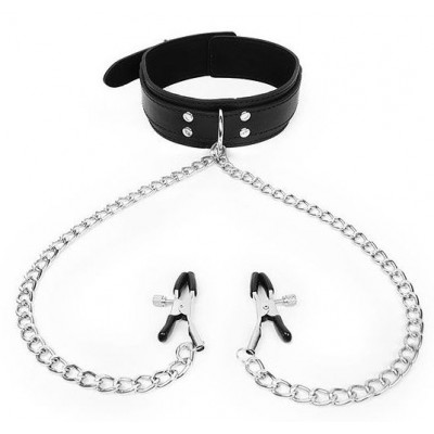 Черный ошейник с зажимами на соски на цепочке Черный ошейник с зажимами на соски на цепочке