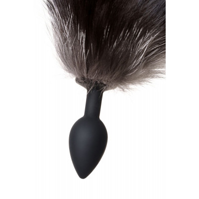 Черная силиконовая анальная втулка с хвостом чернобурой лисы - размер S Черная силиконовая анальная втулка с хвостом чернобурой лисы - размер S