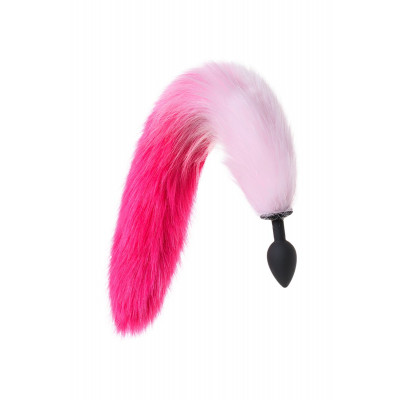 Черная анальная втулка с бело-розовым хвостиком - размер S Черная анальная втулка с бело-розовым хвостиком - размер S