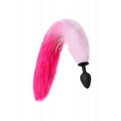 Черная анальная втулка с бело-розовым хвостом - размер M Черная анальная втулка с бело-розовым хвостом - размер M