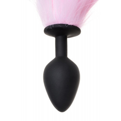 Черная анальная втулка с бело-розовым хвостом - размер M Черная анальная втулка с бело-розовым хвостом - размер M