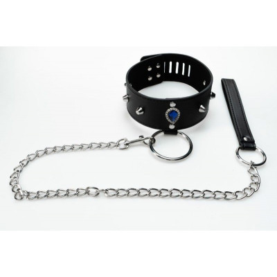 Черный ошейник с синим кристаллом и поводком Черный ошейник с синим кристаллом и поводком