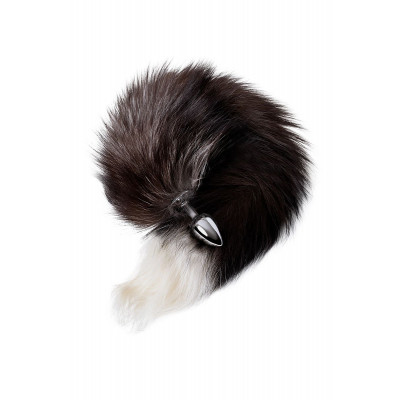 Серебристая металлическая анальная втулка с хвостом чернобурой лисы - размер M Серебристая металлическая анальная втулка с хвостом чернобурой лисы - размер M