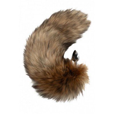 Серебристая металлическая анальная пробка с черно-рыжим хвостиком Серебристая металлическая анальная пробка с черно-рыжим хвостиком