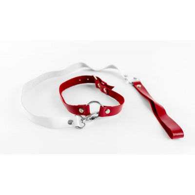 Бело-красный чокер из натуральной кожи с поводком Бело-красный чокер из натуральной кожи с поводком