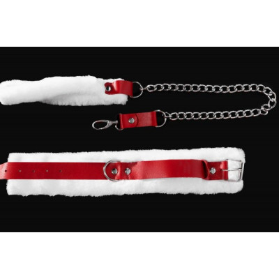 Бело-красный кожаный ошейник с поводком Бело-красный кожаный ошейник с поводком