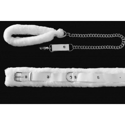 Белый кожаный ошейник с поводком Белый кожаный ошейник с поводком