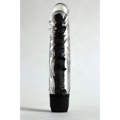 Прозрачно-черный вибратор с дополнительными пупырышками - 17 см. Прозрачно-черный вибратор с дополнительными пупырышками - 17 см.