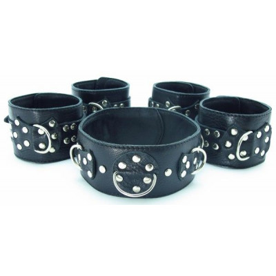 Комплект кожаных БДСМ-аксессуаров с клёпками Комплект кожаных БДСМ-аксессуаров с клёпками