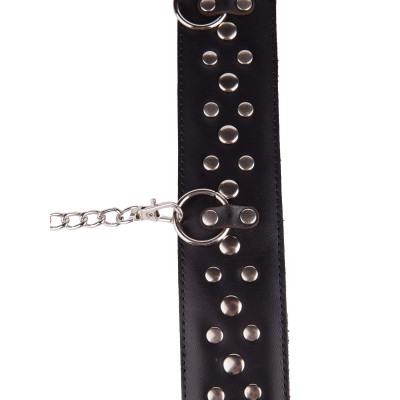 Чёрный кожаный ошейник с карабином и поводком Чёрный кожаный ошейник с карабином и поводком