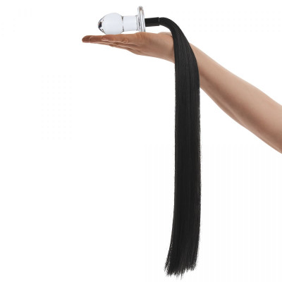 Стеклянная анальная пробка с черным конским хвостом Стеклянная анальная пробка с черным конским хвостом