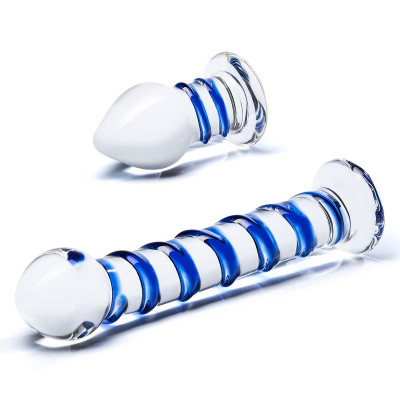 Набор из 2 стеклянных игрушек с синей спиралью Swirly Dildo Buttplug Set Набор из 2 стеклянных игрушек с синей спиралью Swirly Dildo Buttplug Set