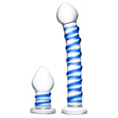 Набор из 2 стеклянных игрушек с синей спиралью Swirly Dildo Buttplug Set Набор из 2 стеклянных игрушек с синей спиралью Swirly Dildo Buttplug Set