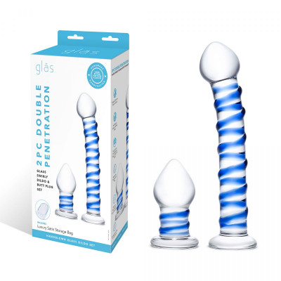 Набор из 2 стеклянных игрушек с синей спиралью Swirly Dildo Buttplug Set Набор из 2 стеклянных игрушек с синей спиралью Swirly Dildo Buttplug Set