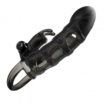 Черная закрытая насадка с подхватом мошонки и стимулятором клитора - 19,2 см. Черная закрытая насадка с подхватом мошонки и стимулятором клитора - 19,2 см.