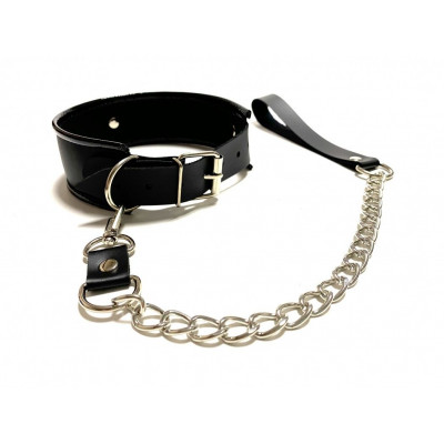 Черный ошейник с поводком из эко-кожи Черный ошейник с поводком из эко-кожи