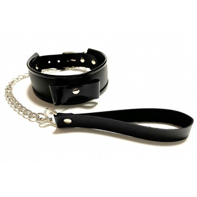 Черный ошейник с поводком из эко-кожи Черный ошейник с поводком из эко-кожи