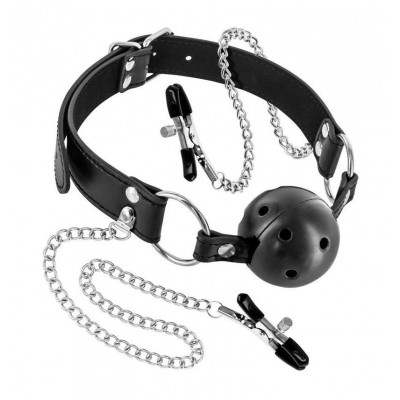 Жесткий шар-кляп с зажимами для сосков Жесткий шар-кляп с зажимами для сосков