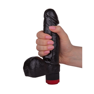 Чёрный виброфаллос с пышной мошонкой - 16 см. Чёрный виброфаллос с пышной мошонкой - 16 см.