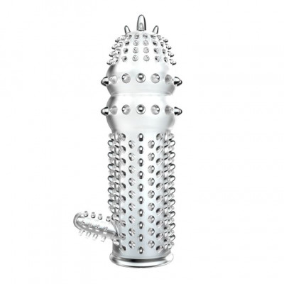 Прозрачная насадка на пенис с шипами и стимулятором клитора - 14,2 см. Прозрачная насадка на пенис с шипами и стимулятором клитора - 14,2 см.