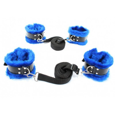 Черно-синий набор для фиксации на кровати с мехом Черно-синий набор для фиксации на кровати с мехом