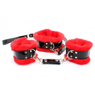Черно-красные меховые наручники и ошейник с поводком Черно-красные меховые наручники и ошейник с поводком