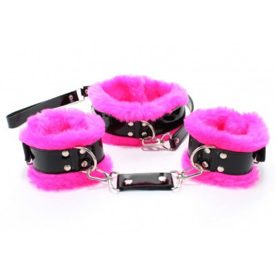 Черно-розовые меховые наручники и ошейник с поводком Черно-розовые меховые наручники и ошейник с поводком