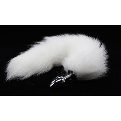 Металлическая анальная пробка с длинным белым хвостиком Металлическая анальная пробка с длинным белым хвостиком