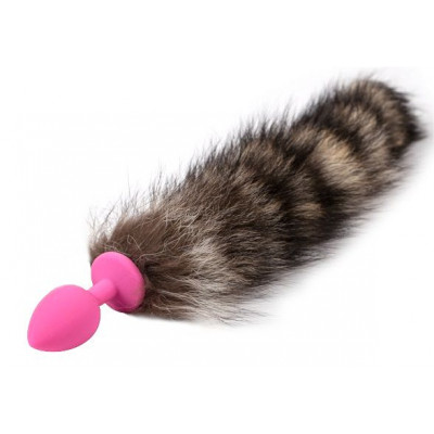 Розовая силиконовая анальная пробка с полосатым хвостиком Розовая силиконовая анальная пробка с полосатым хвостиком