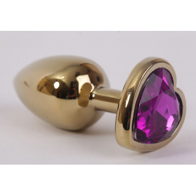 Золотистая анальная пробка с фиолетовым стразиком-сердечком - 7,5 см. Золотистая анальная пробка с фиолетовым стразиком-сердечком - 7,5 см.