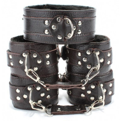 Набор коричневых фиксаторов: наручники с мехом, наножники и ошейник Набор коричневых фиксаторов: наручники с мехом, наножники и ошейник