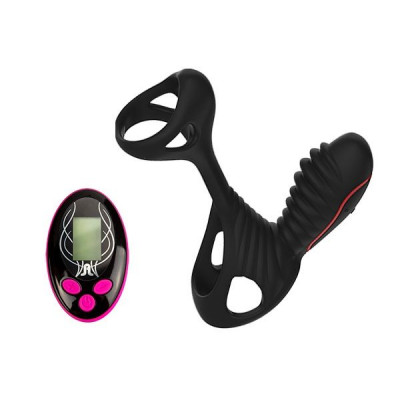 Чёрная насадка на фаллос Gladiator + LRS с трехкнопочным пультом управления Чёрная насадка на фаллос Gladiator + LRS с трехкнопочным пультом управления