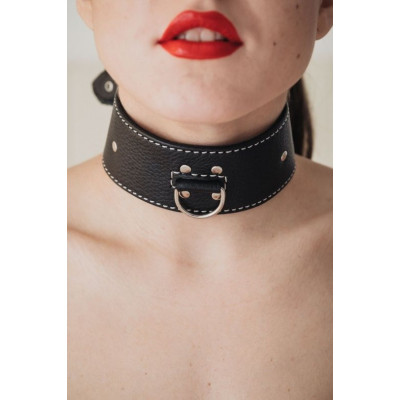 Черный кожаный ошейник с полукольцом для поводка Черный кожаный ошейник с полукольцом для поводка