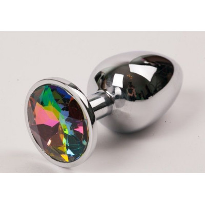 Серебряная металлическая анальная пробка с радужным стразиком - 8,2 см. Серебряная металлическая анальная пробка с радужным стразиком - 8,2 см.
