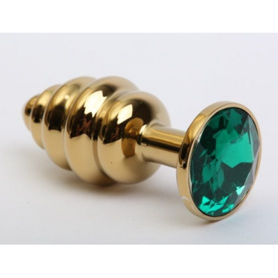 Золотистая ребристая анальная пробка с зеленым стразом - 7,3 см. Золотистая ребристая анальная пробка с зеленым стразом - 7,3 см.