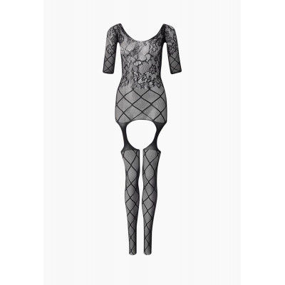 Чёрный комбинезон с ажурной верхней частью и имитацией крупной сетки снизу Чёрный комбинезон с ажурной верхней частью и имитацией крупной сетки снизу