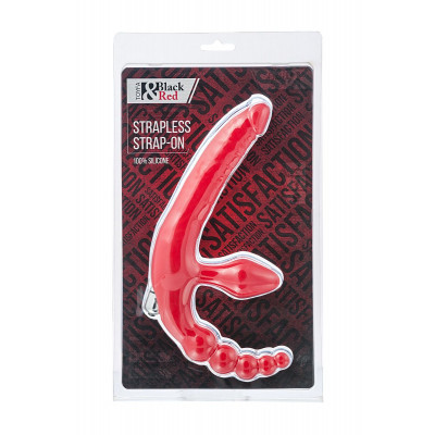 Красный безремневой страпон с вибрацией и анальным отростком Красный безремневой страпон с вибрацией и анальным отростком