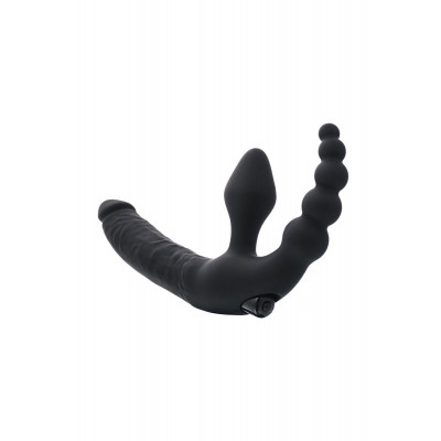 Чёрный безремневой страпон с вибрацией и анальным отростком Чёрный безремневой страпон с вибрацией и анальным отростком