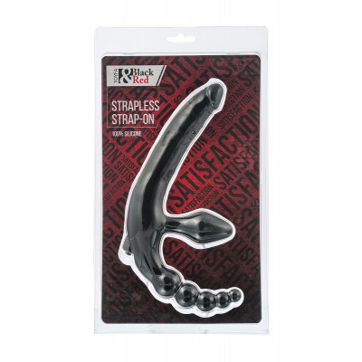 Чёрный безремневой страпон с вибрацией и анальным отростком Чёрный безремневой страпон с вибрацией и анальным отростком