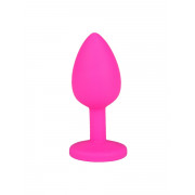 Розовая силиконовая анальная втулка с красным кристаллом - 7,3 см.