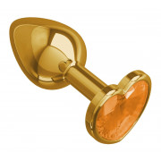 Золотистая анальная втулка с оранжевым кристаллом-сердцем - 7 см.