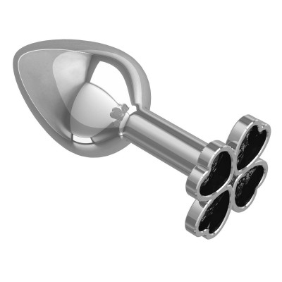 Серебристая анальная втулка с клевером из чёрных кристаллов - 7 см. Серебристая анальная втулка с клевером из чёрных кристаллов - 7 см.